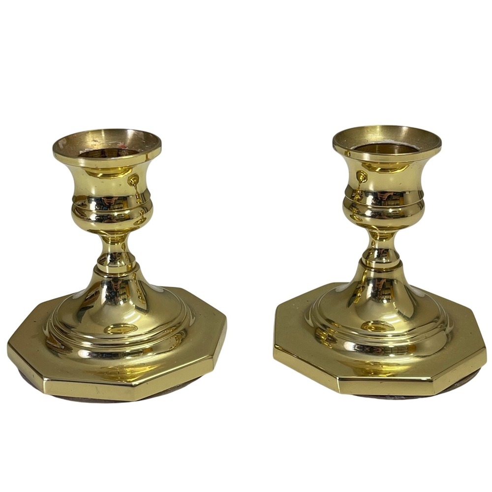 Baldwin Brass Candlestick Holders Pair Octagon Base‎ Forged In America 3 Inch